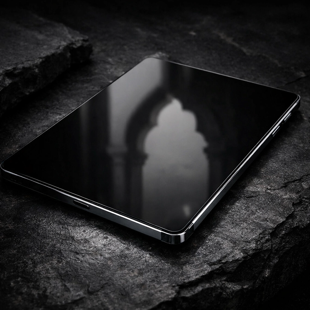 A digital tablet reflecting traditional architecture, representing the bridge between Guanxi and Western B2B marketing.