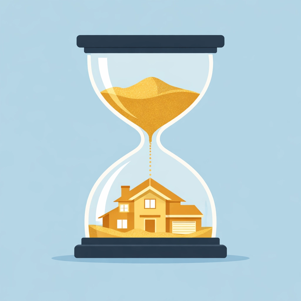 Reloj de arena formando una casa, el tiempo ideal para empezar la reparacion de credito y comprar casa.