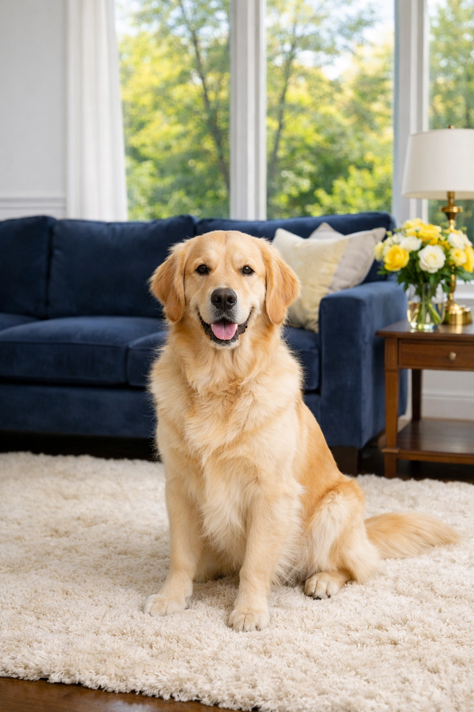 Golden Retriever on a spotless rug in a Winchester living room cleaned with pet-friendly products.