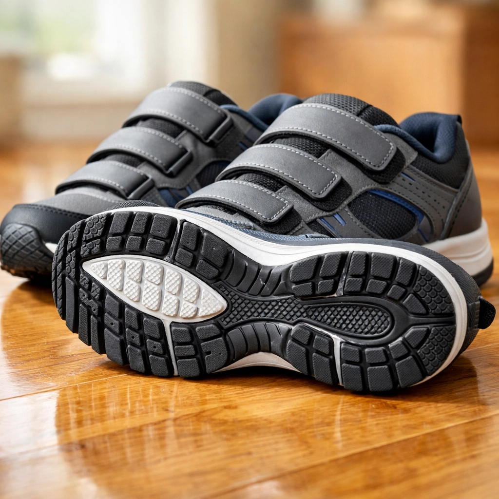 Supportive walking shoes with non-slip soles on a hardwood floor for senior stability.