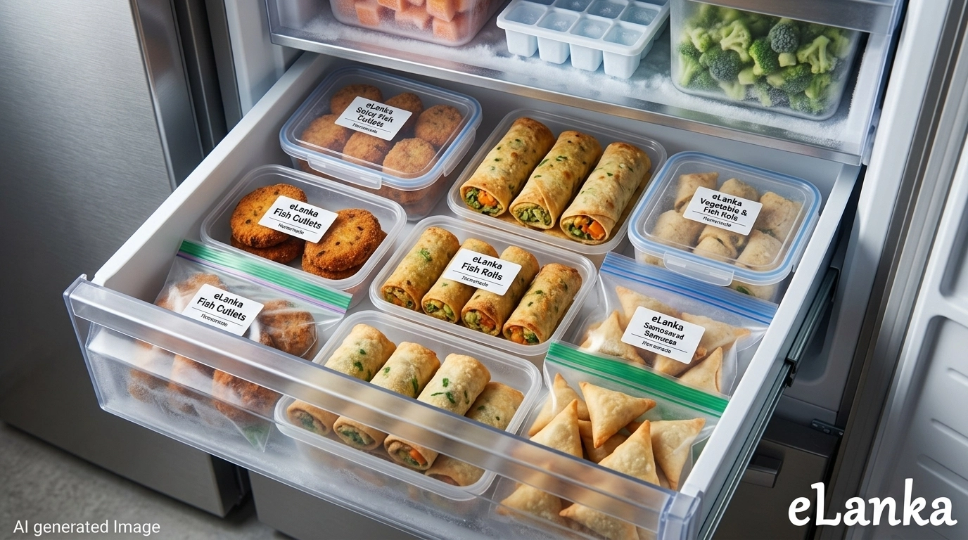 An open freezer drawer neatly packed with traditional Sri Lankan short eats, illustrating the preservation of culinary heritage.