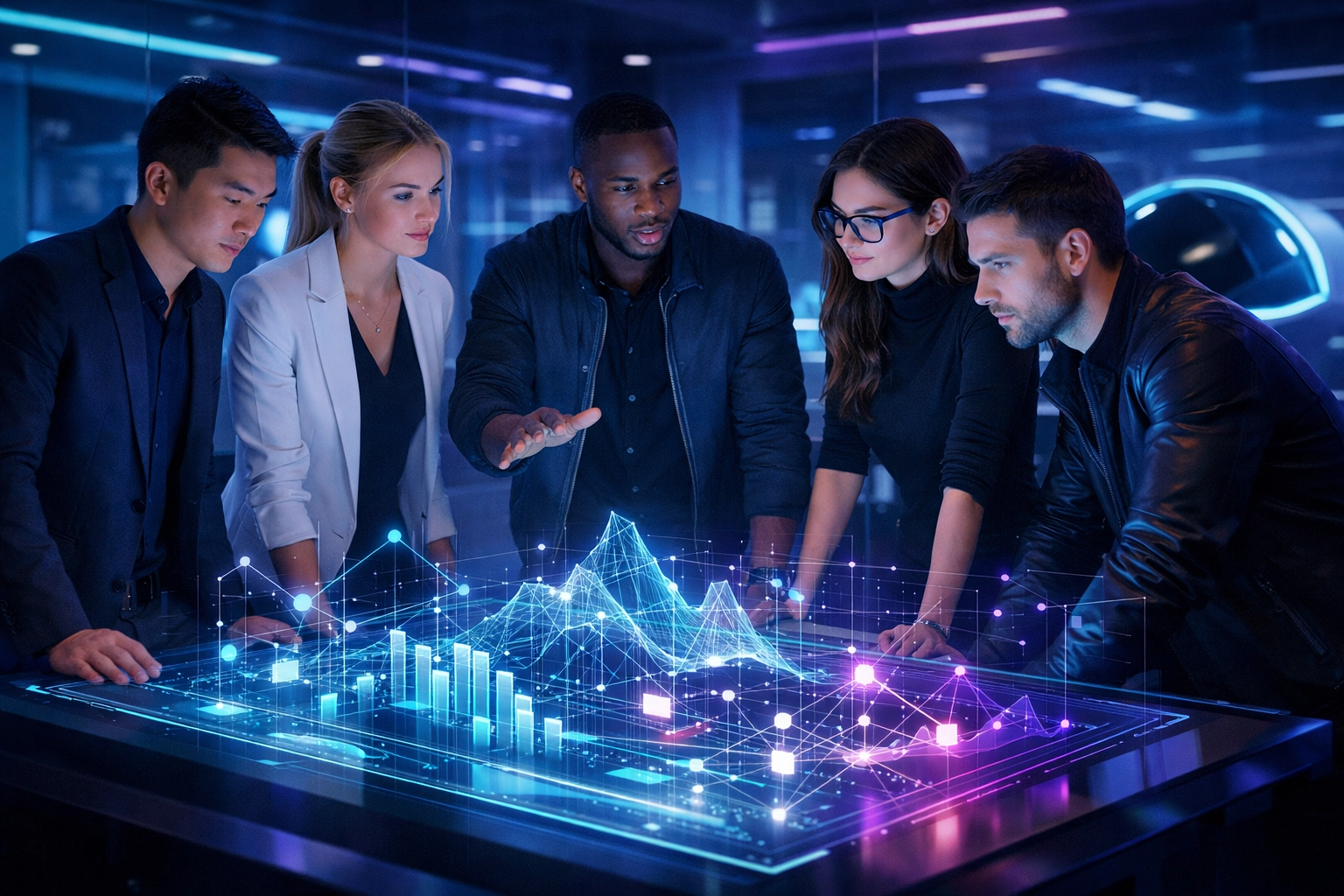 Diverse professionals using high-tech data holograms for future workforce development and talent funnel recruiting.