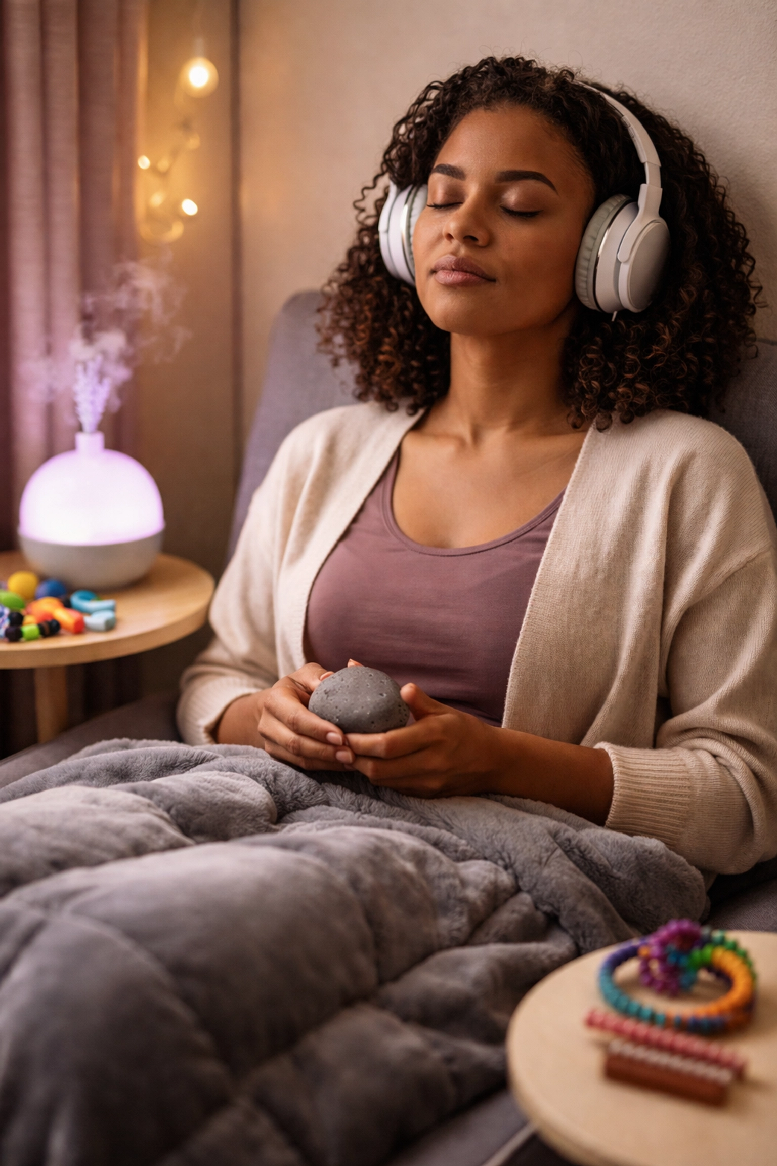 Woman practicing self-care in a sensory-friendly office nook, using burnout prevention and regulation tools.