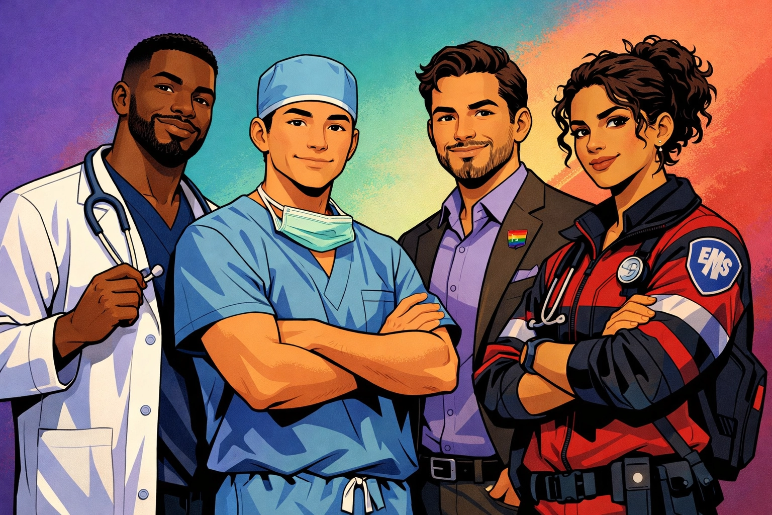 Diverse LGBTQ+ medical specialists including cardiologists and surgeons in healthcare