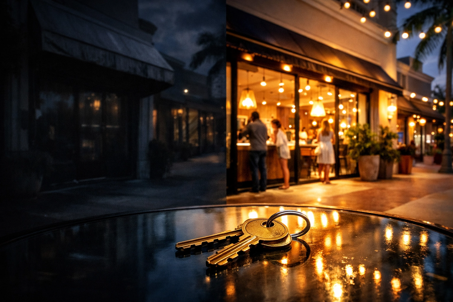 Sarasota storefront at twilight with keys representing a claimed and verified Google Business Profile.