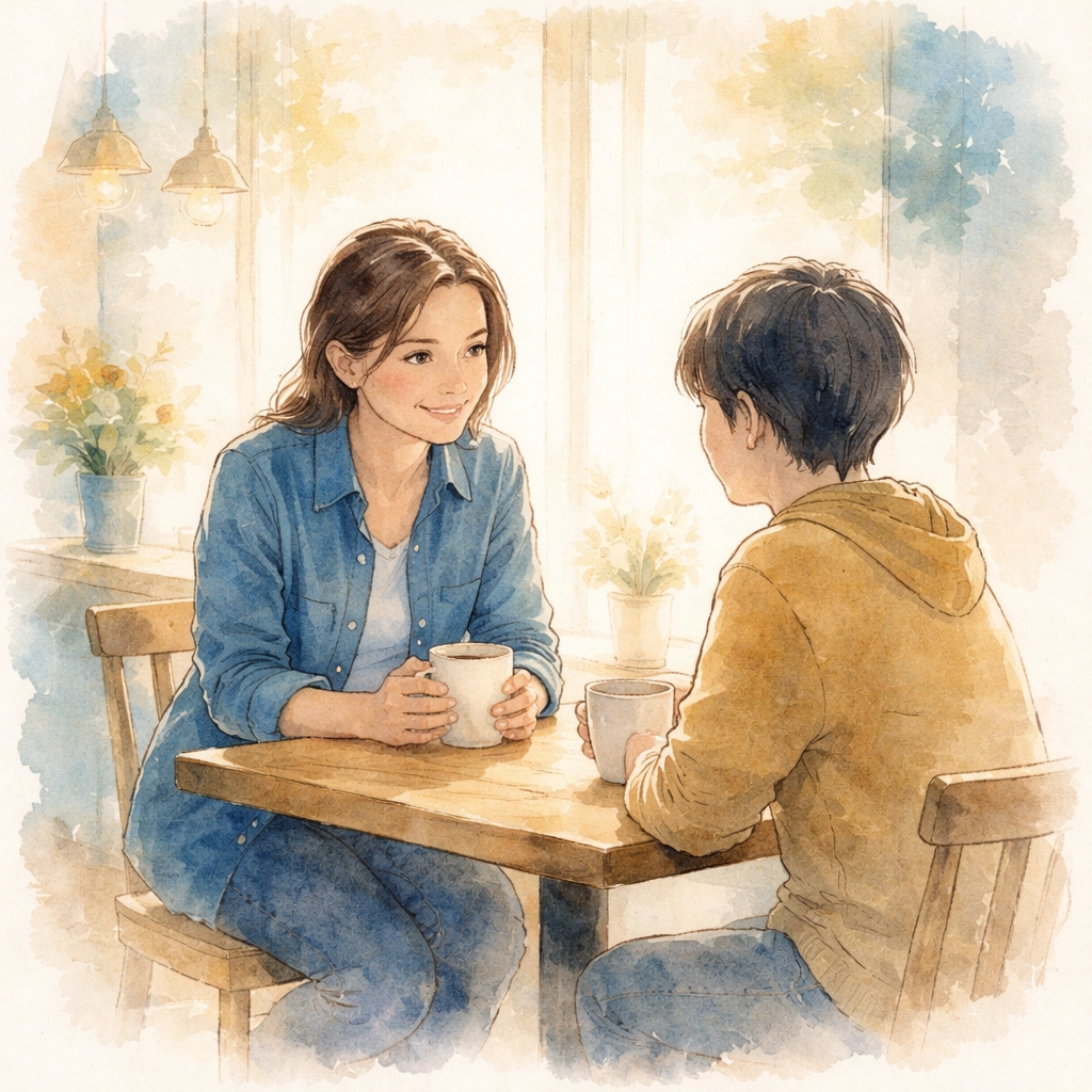 Watercolor illustration of a leader and team member connecting at a café table, highlighting genuine interest and trust-building.