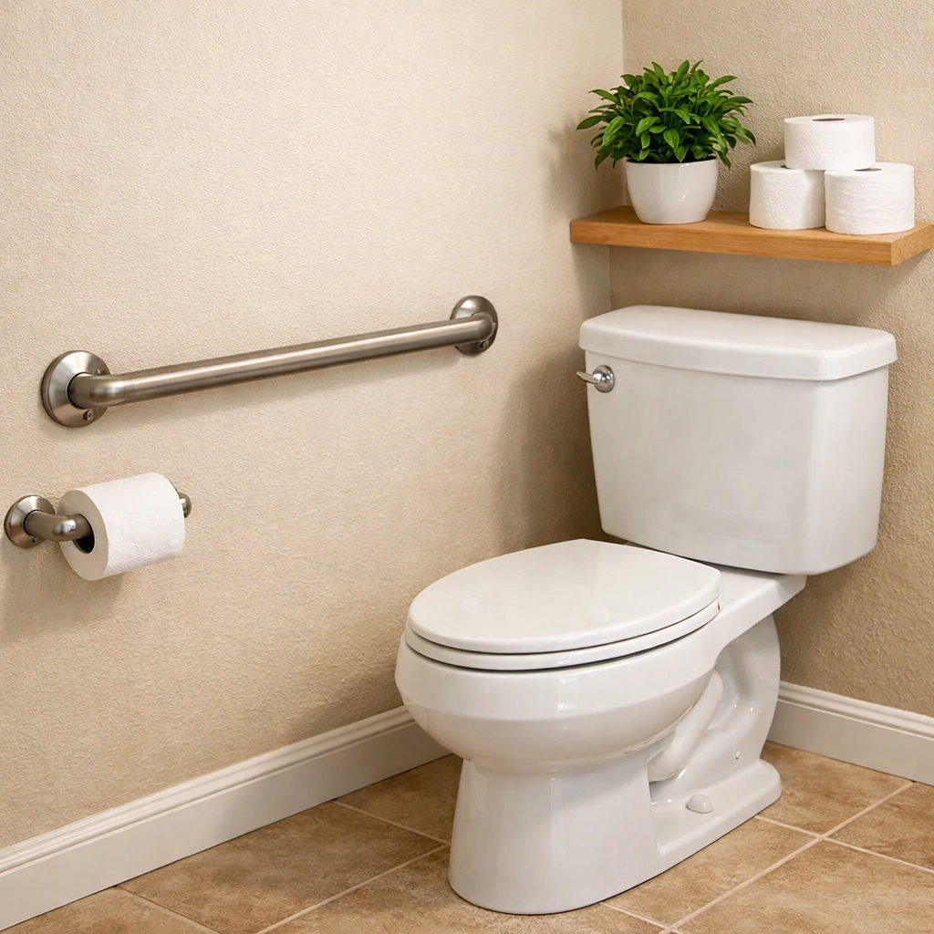 Horizontal wall-mounted toilet safety rail in a bright, accessible home bathroom for seniors.