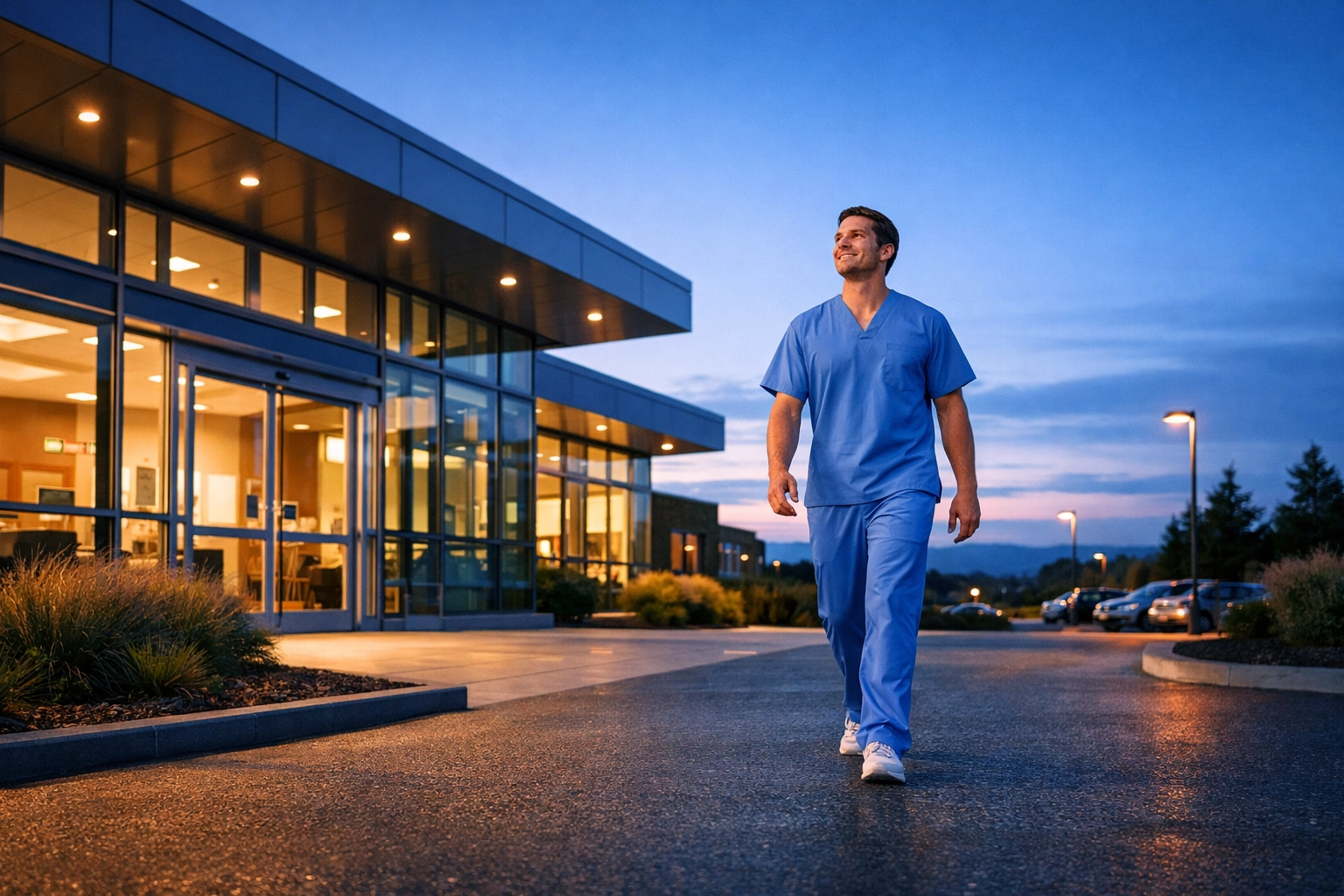 Clinician leaving medical facility after saving hours of time using an AI SOAP note generator for clinical notes.