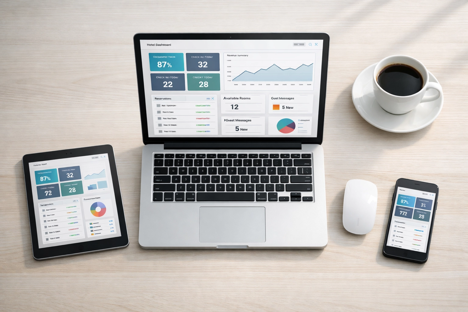 Hotel PMS unified dashboard displaying integrated reservations, billing, and channel management data