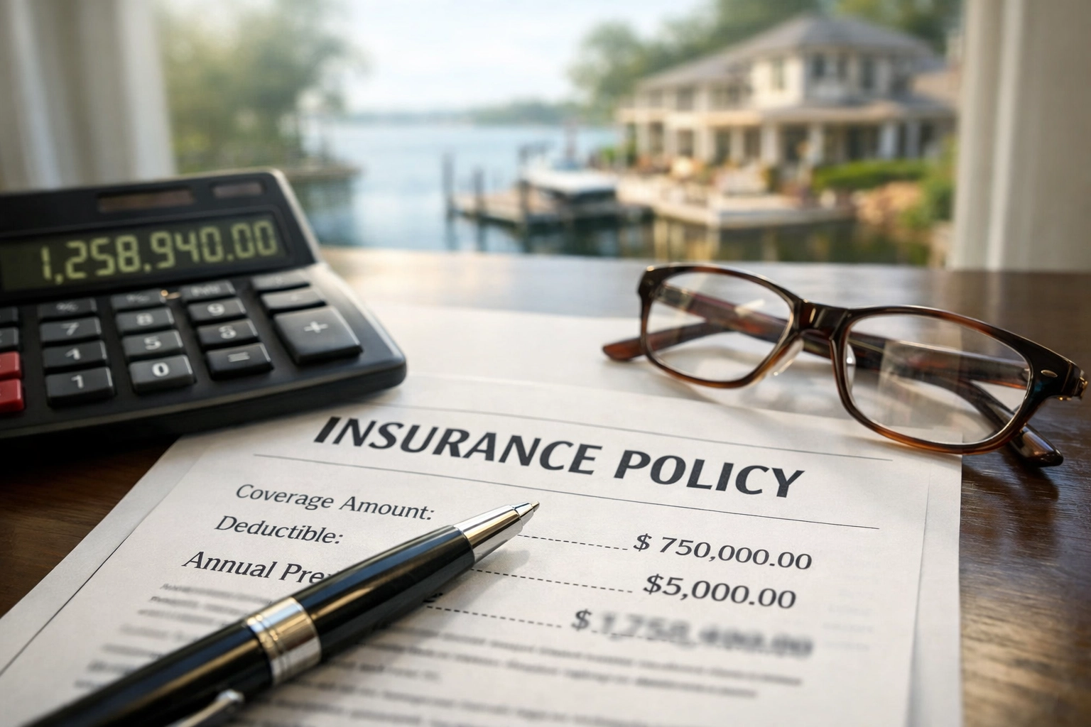 Insurance policy documents and calculator showing high waterfront home premiums