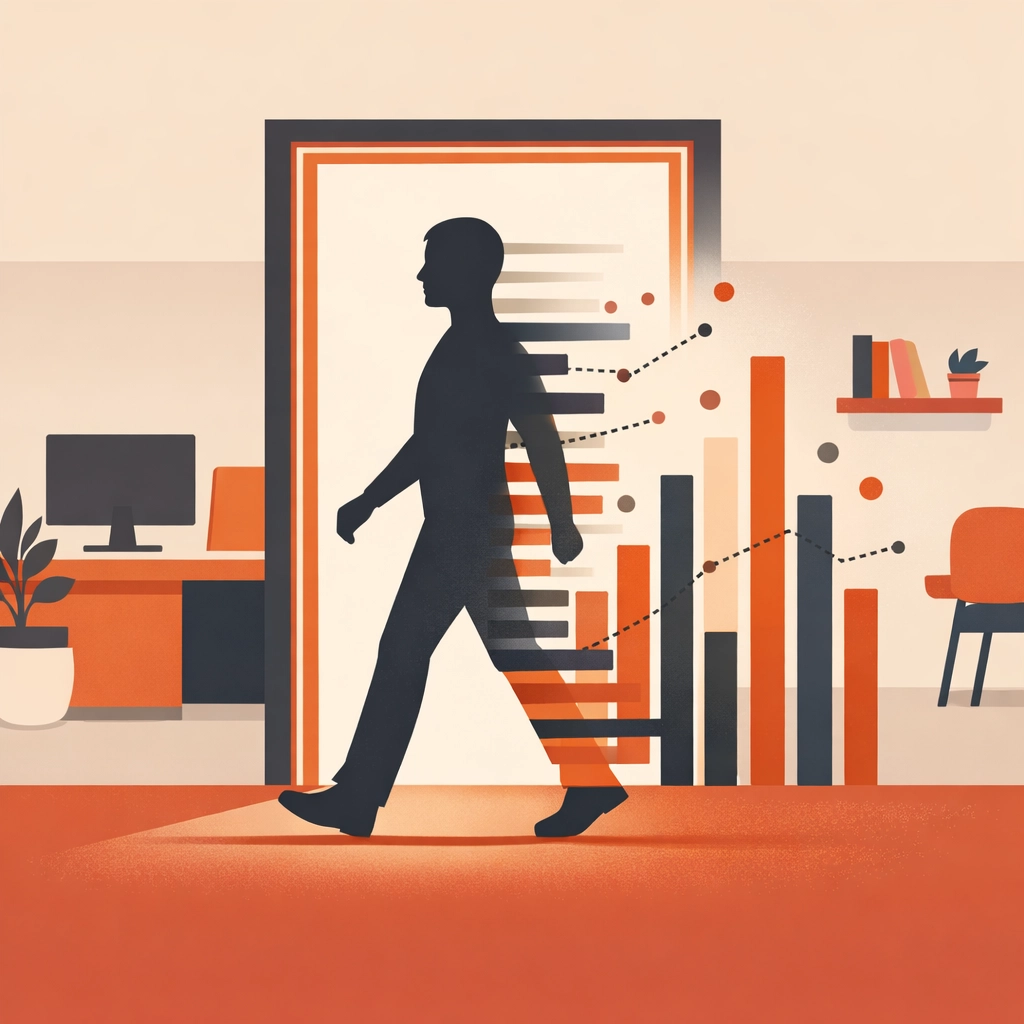 Illustration of a person transforming into data charts, showing how AI reduces employees to metrics.