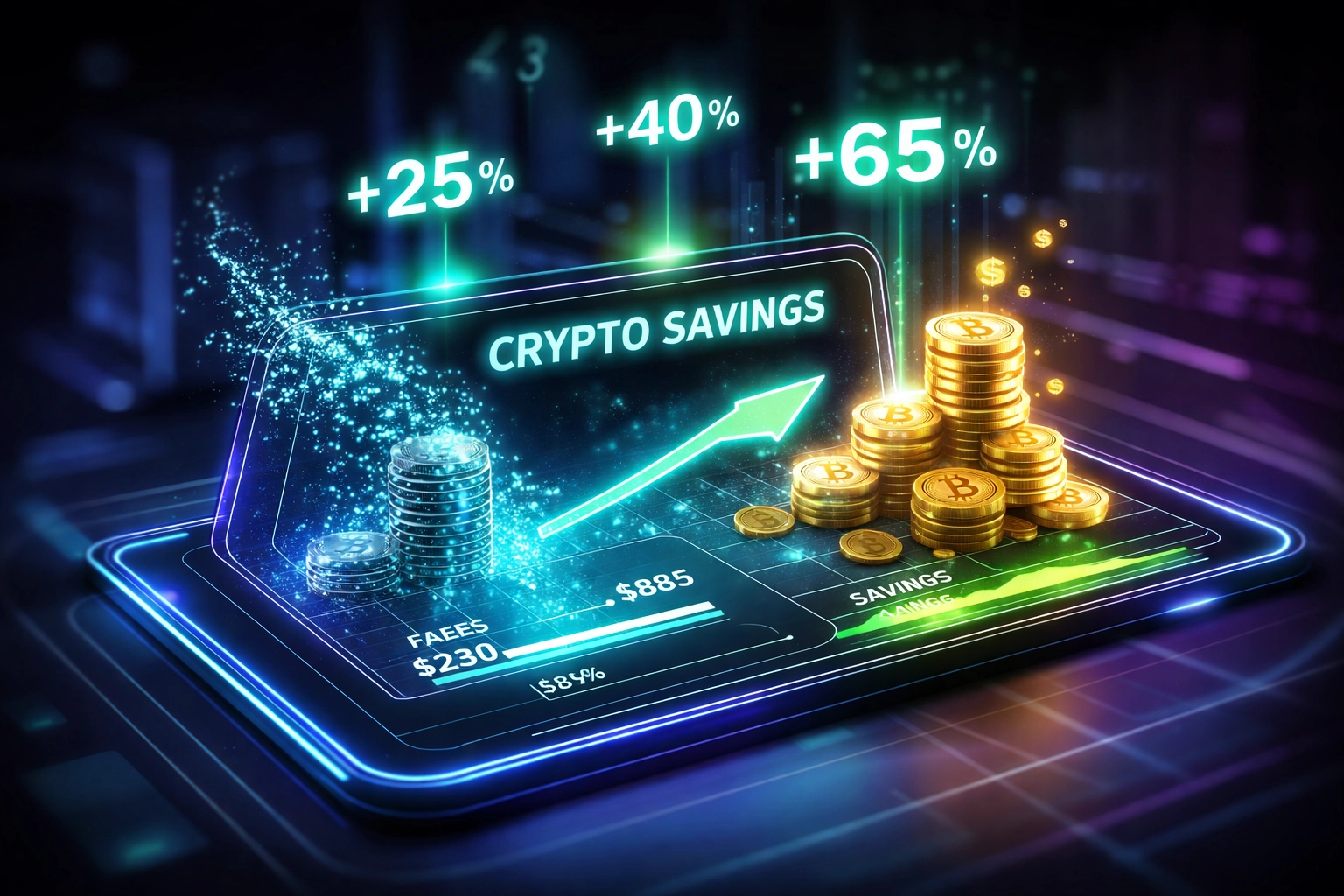 Crypto payment dashboard comparing fee savings and growing profits for merchants using decentralized solutions