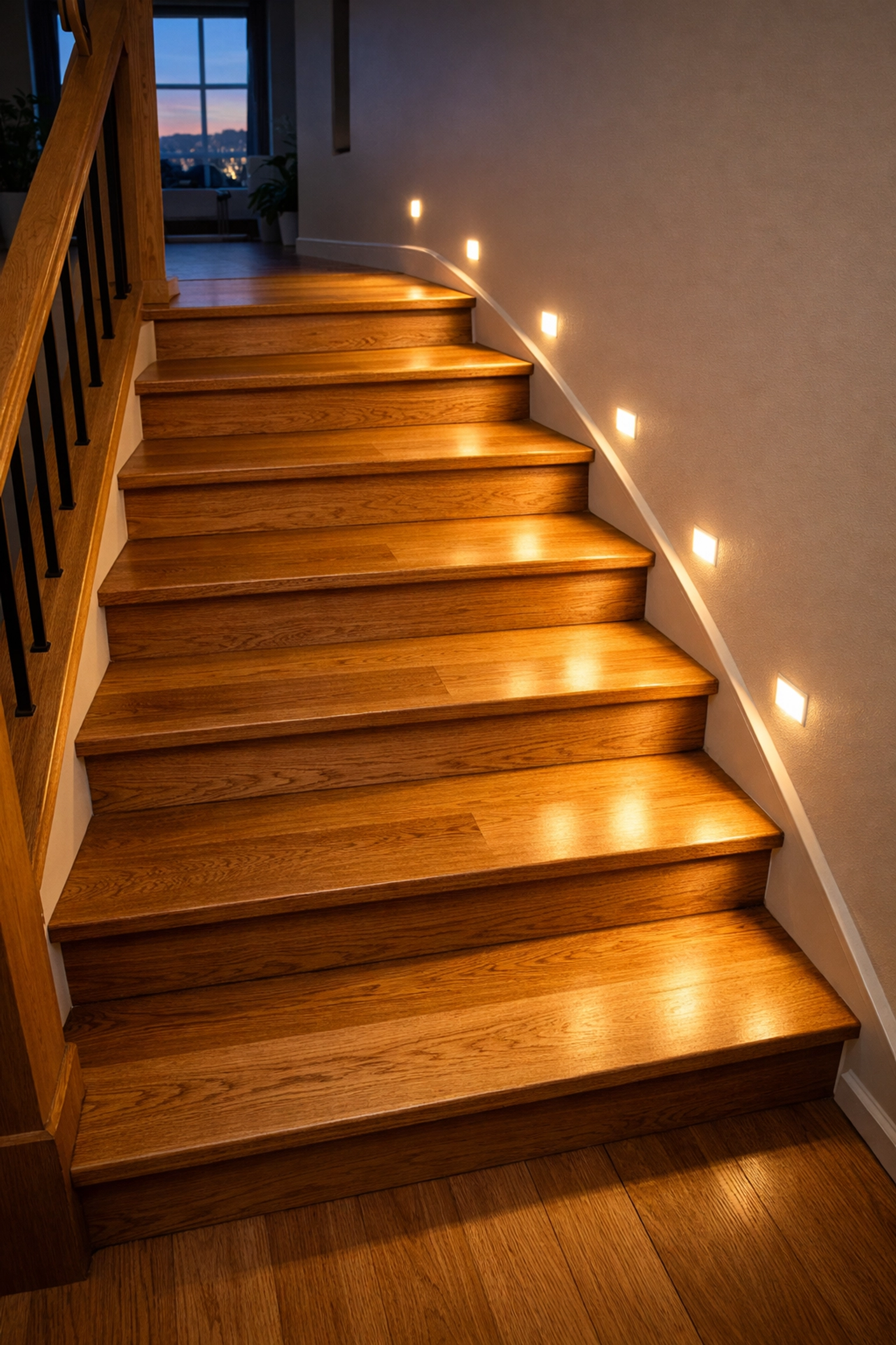 Modern wooden staircase with recessed motion-sensor LED lights on side walls for enhanced stair safety and visibility.