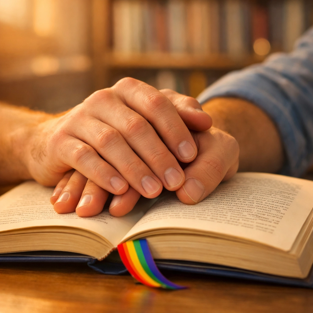 Close-up of two men’s hands on an open book with a rainbow bookmark, symbolizing hope in MM romance books.