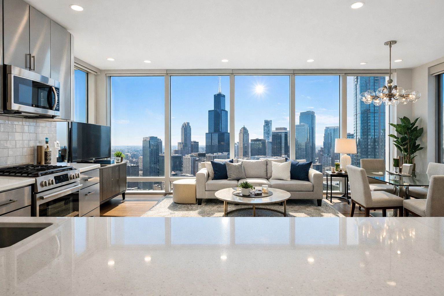 Pristine Chicago high-rise apartment living room ready for a new tenant after professional move-out cleaning.