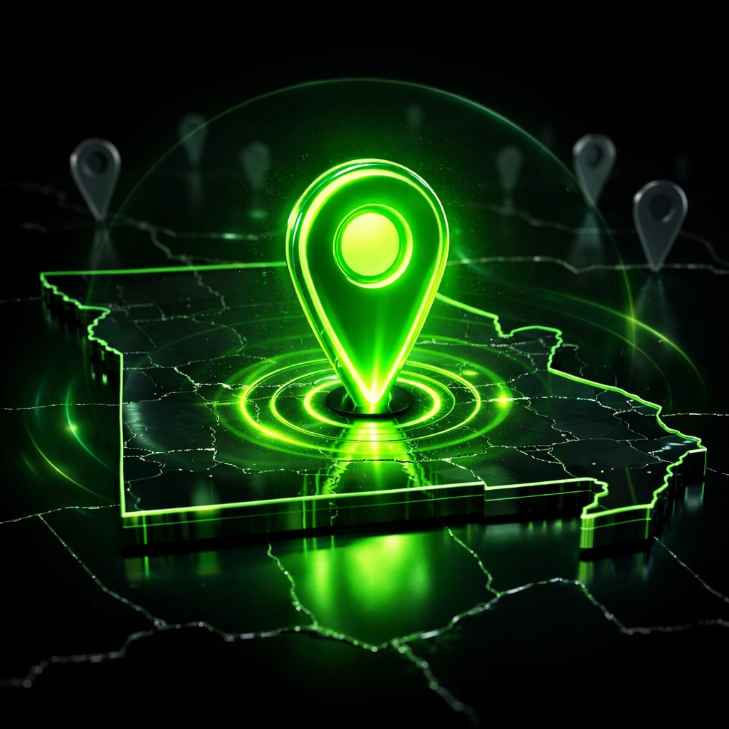Neon green map marker indicating exclusive digital real estate on a Missouri map.