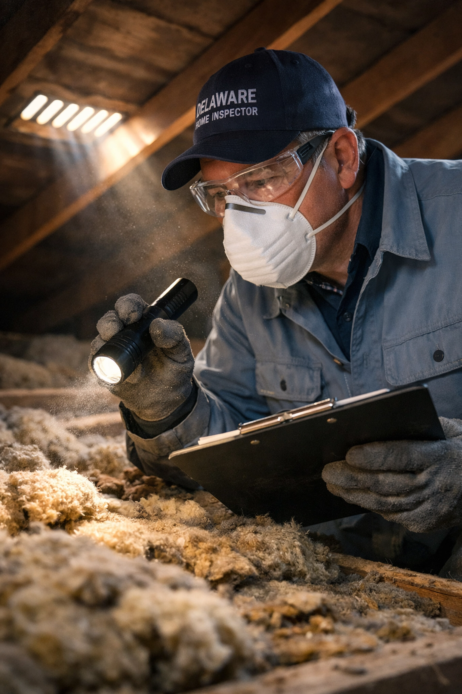 Delaware asbestos inspector examining attic insulation during home testing