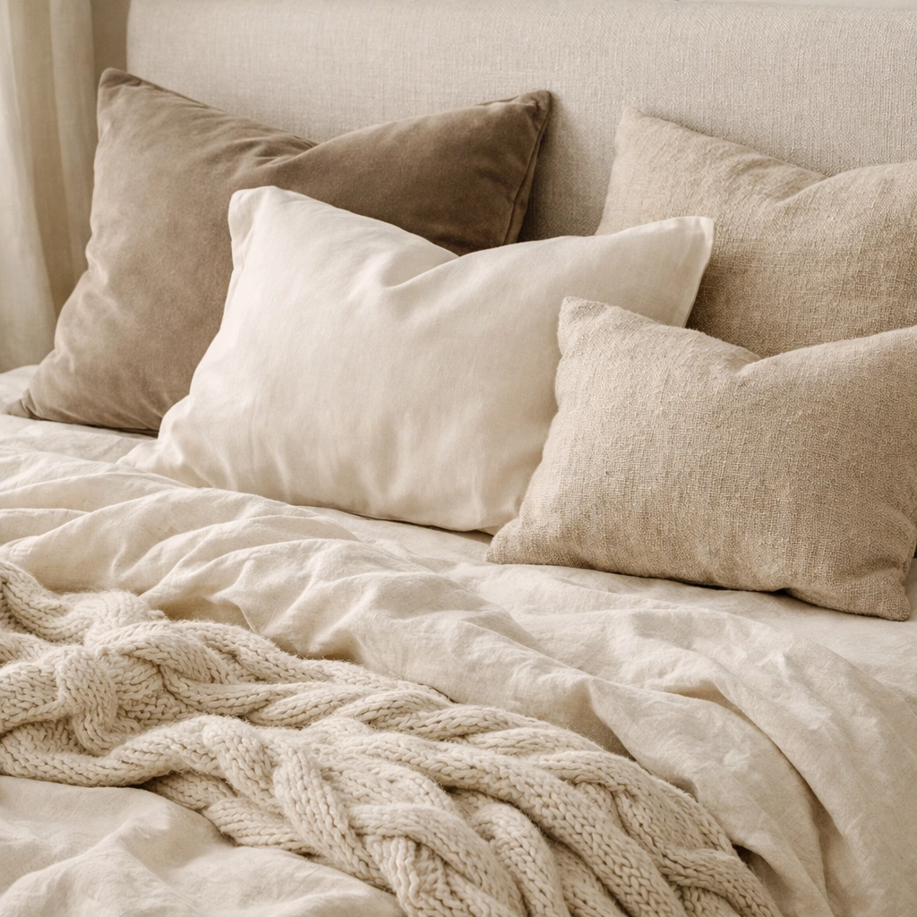 Layered bedroom textures with linen bedding and cushions for luxurious comfort
