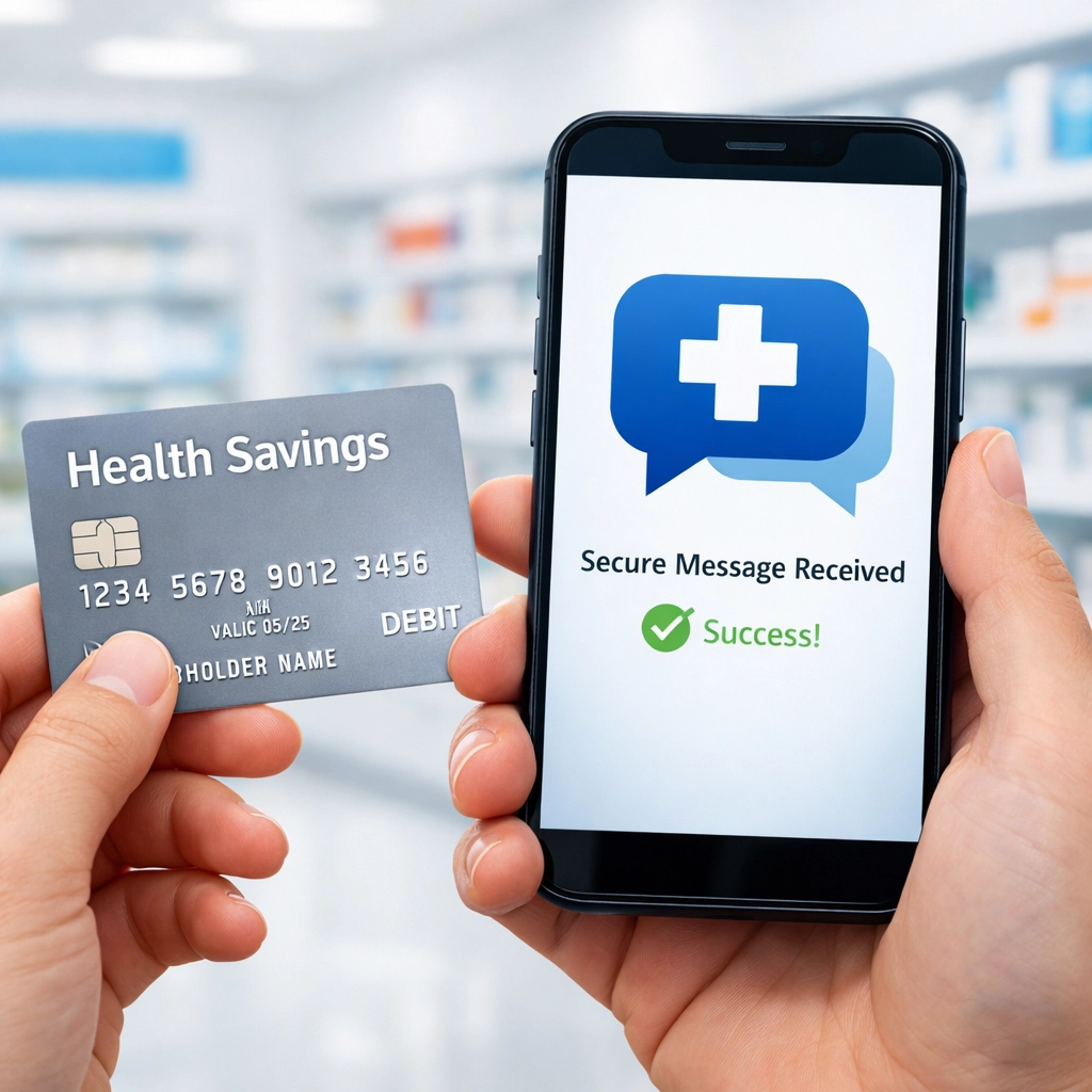 A person holding an HSA card and smartphone to pay for online weight loss medication prescriptions at a pharmacy.