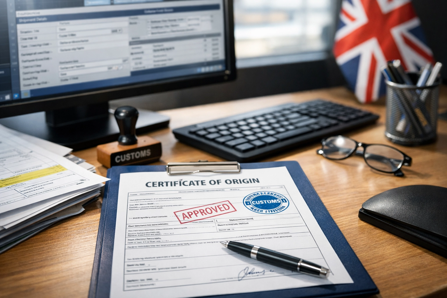 Customs clearance documents for UK-Mexico freight at Manchester freight forwarder desk