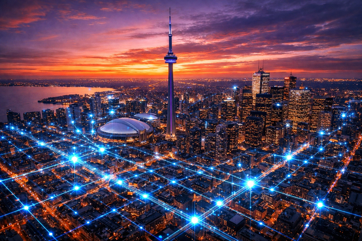 Toronto skyline with a digital network overlay representing local SEO Toronto authority and reach.