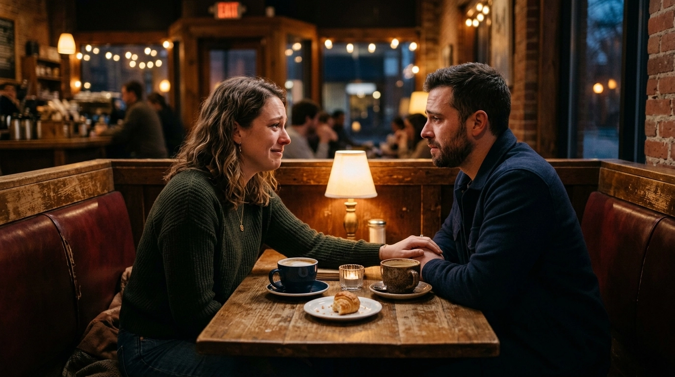 A heartfelt conversation between partners over coffee, discussing their needs