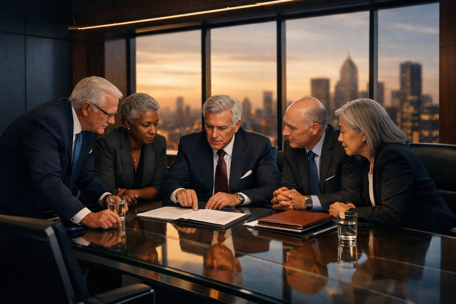 Diverse immigration law firm partners collaborating on a leadership-led DEI strategy in a modern boardroom.