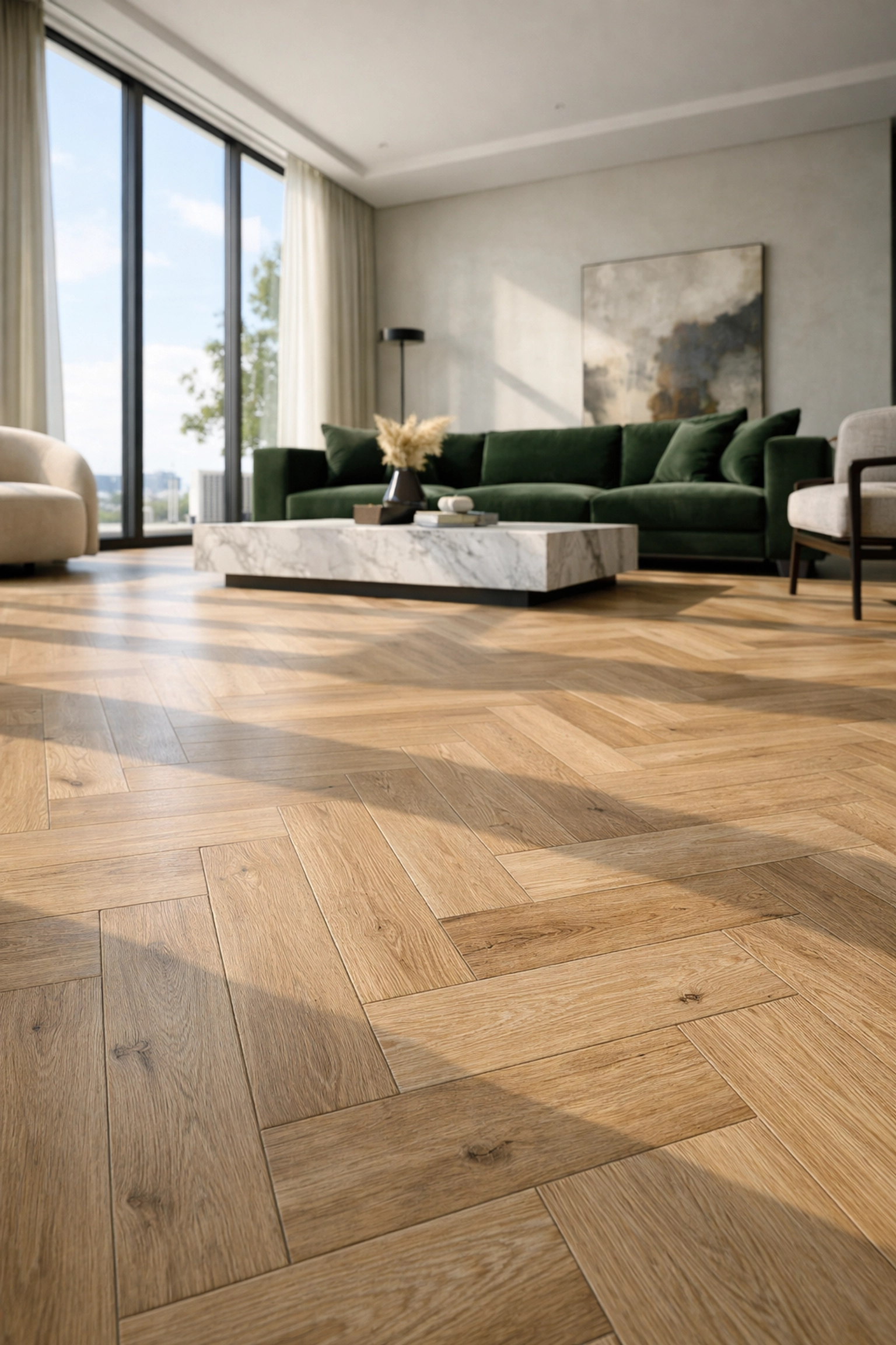 Modern living room featuring light oak herringbone LVT flooring with realistic wood texture.