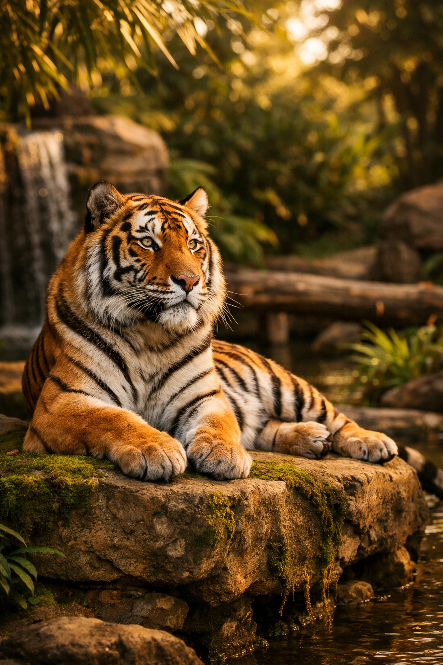 A Bengal tiger in a lush zoo habitat, representing professional visual identity and conservation branding.