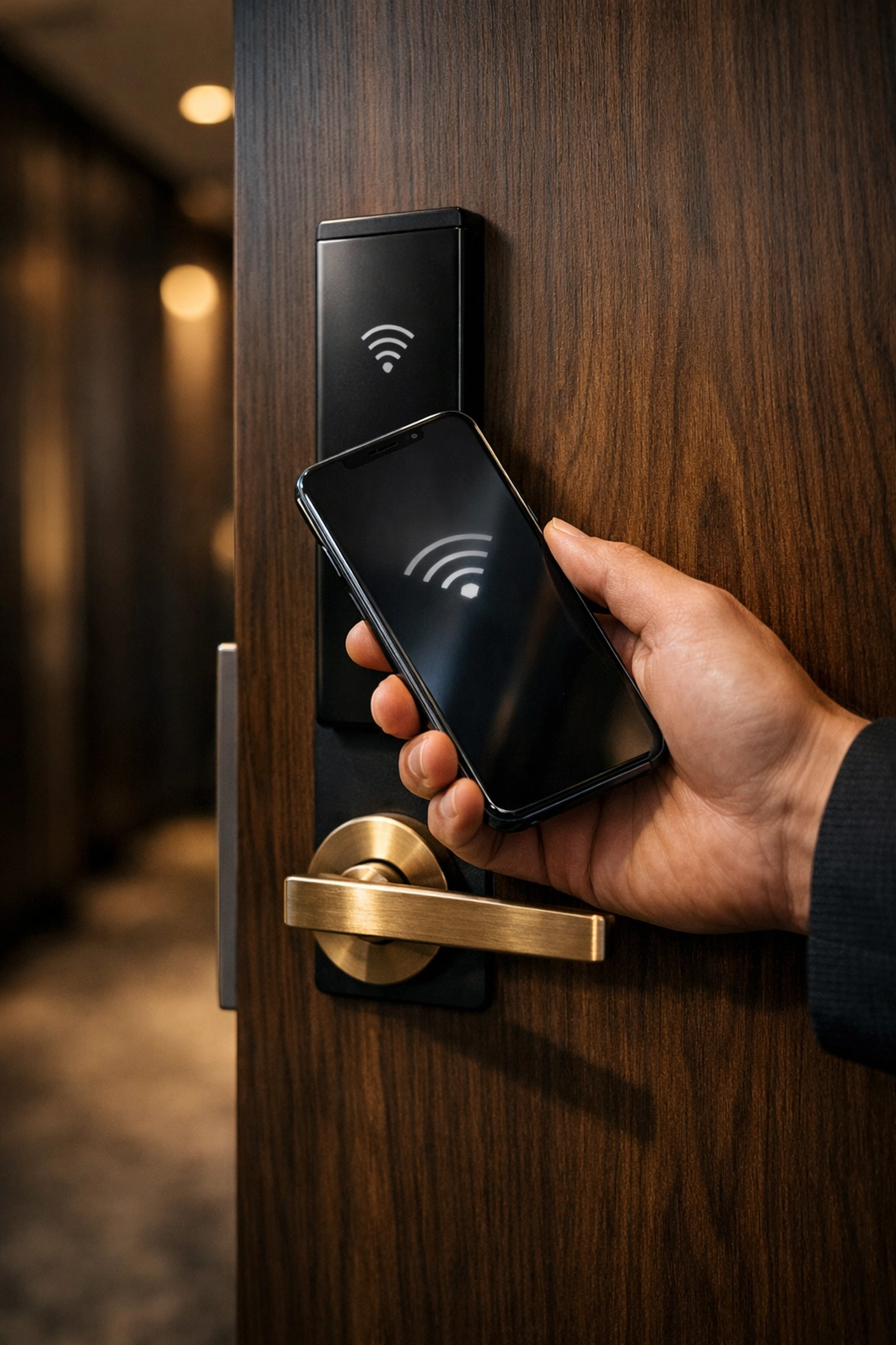 Guest using mobile keyless entry with a hotel PMS for secure, frictionless 24/7 check-in