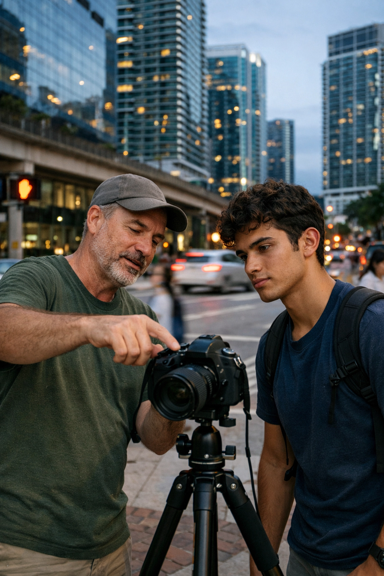 Photography mentor teaching camera settings on a private Miami photography tour in Brickell.