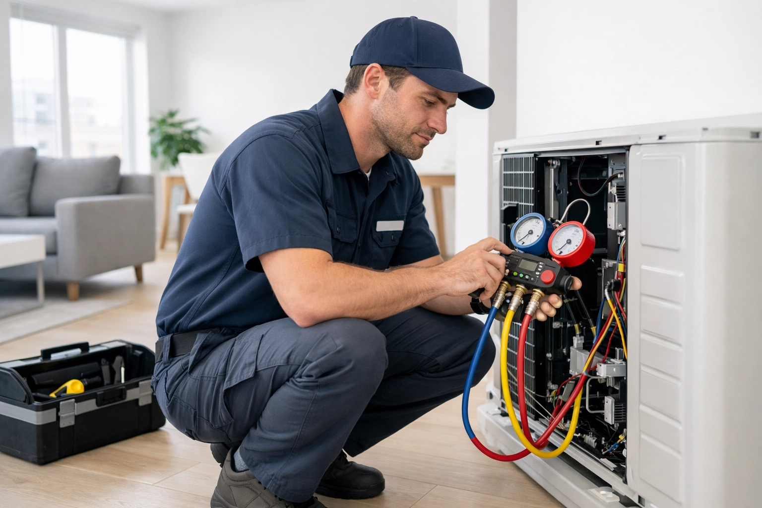 HVAC technician performing preventive maintenance in apartment unit to reduce turnover time
