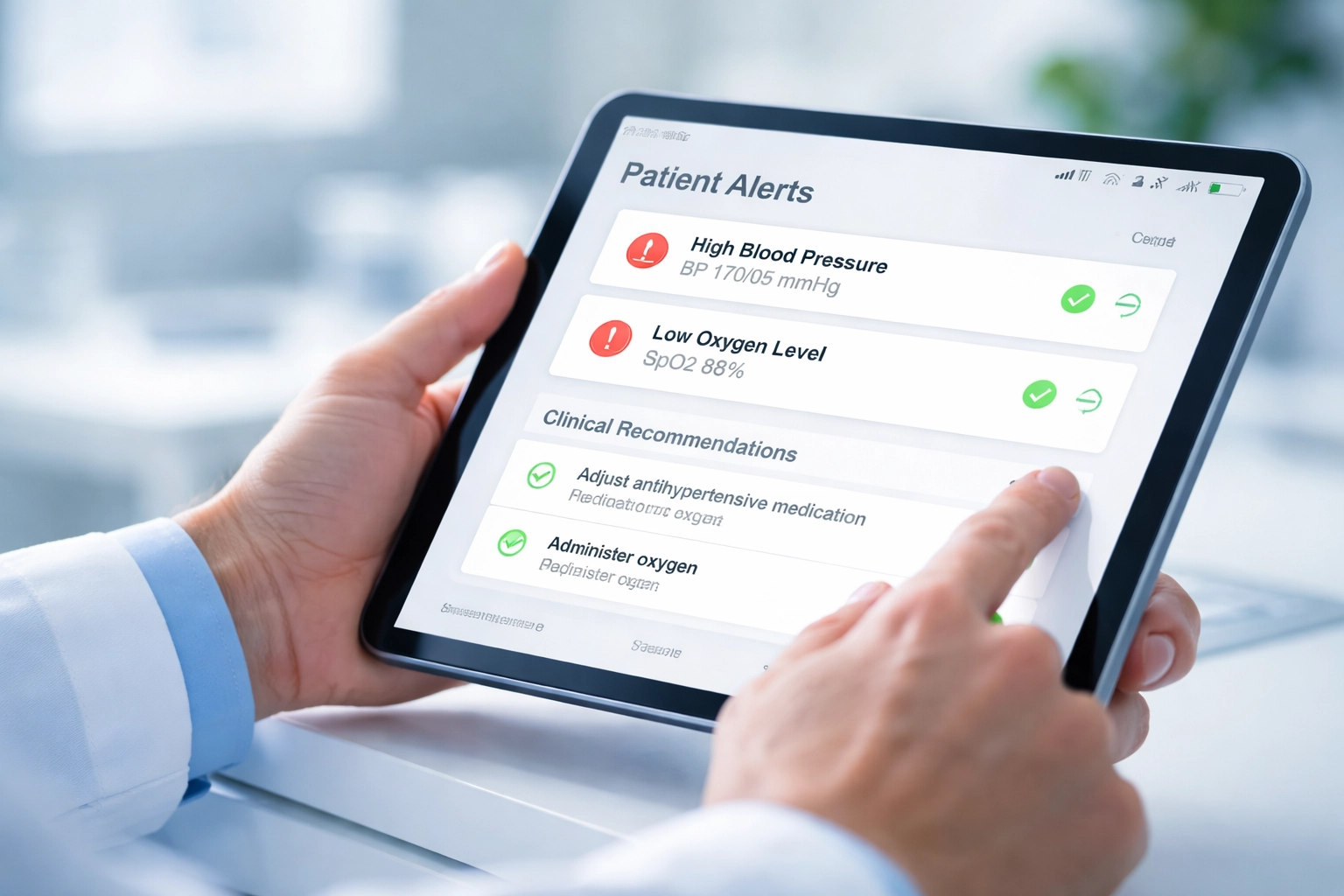 Close-up of clinician's hands using a tablet to access real-time patient alerts and clinical recommendations in healthcare.