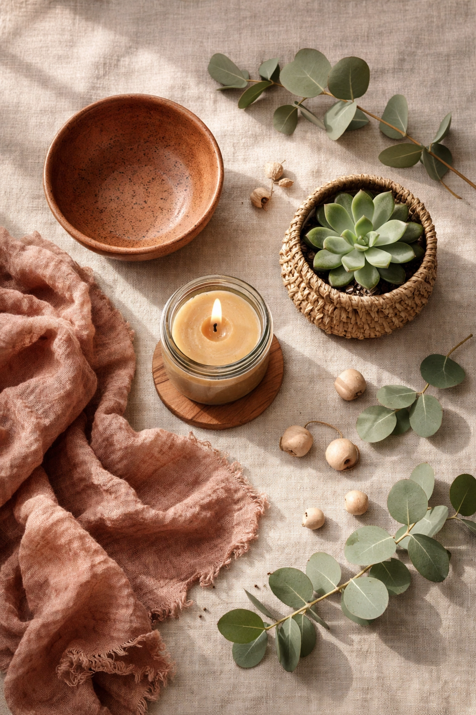 Flat-lay display of sustainable handmade home decor, including stoneware, candles, and woven baskets on linen.