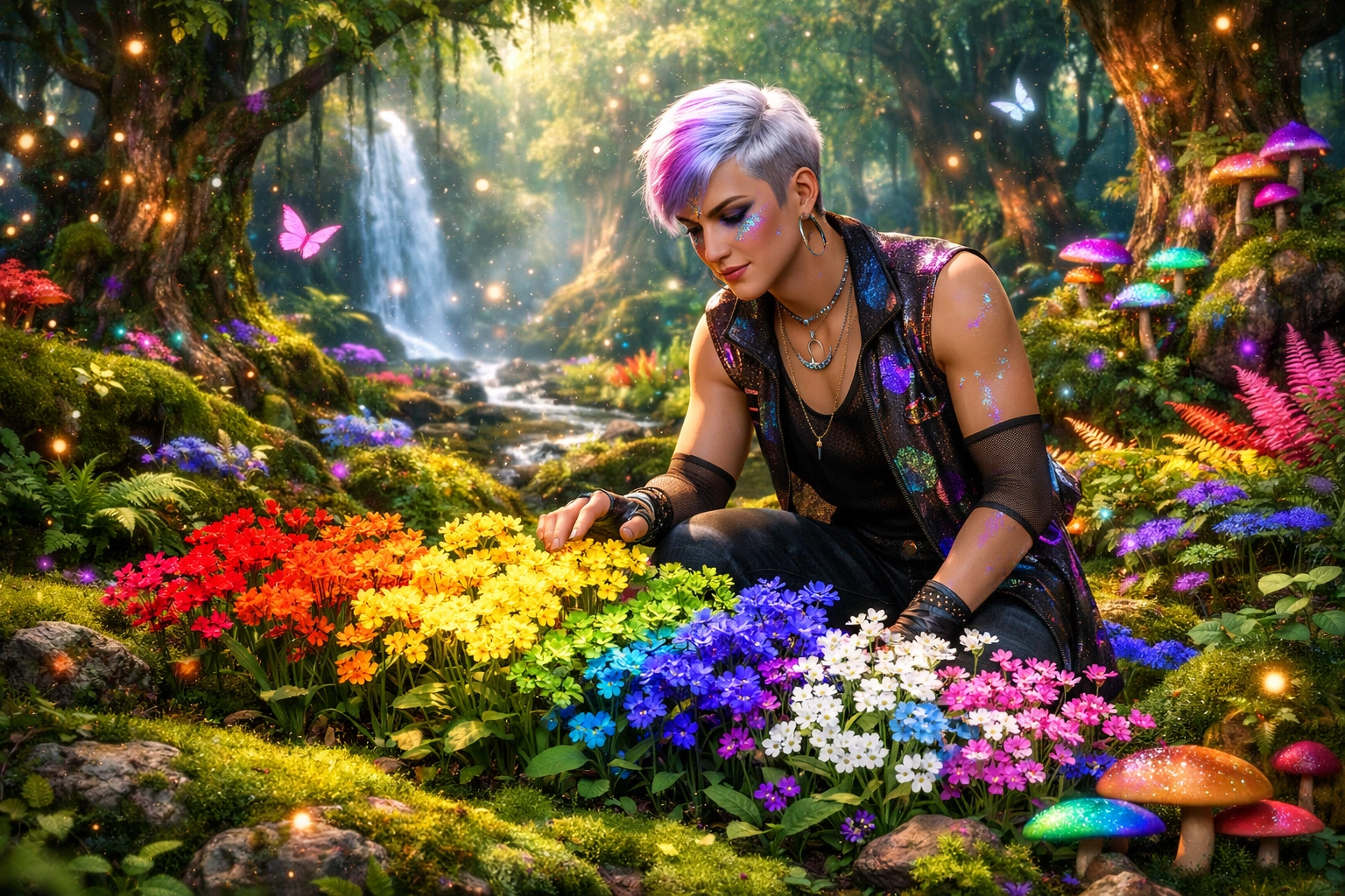An androgynous queer person touches pride-colored wildflowers in a lush, magical spring forest.
