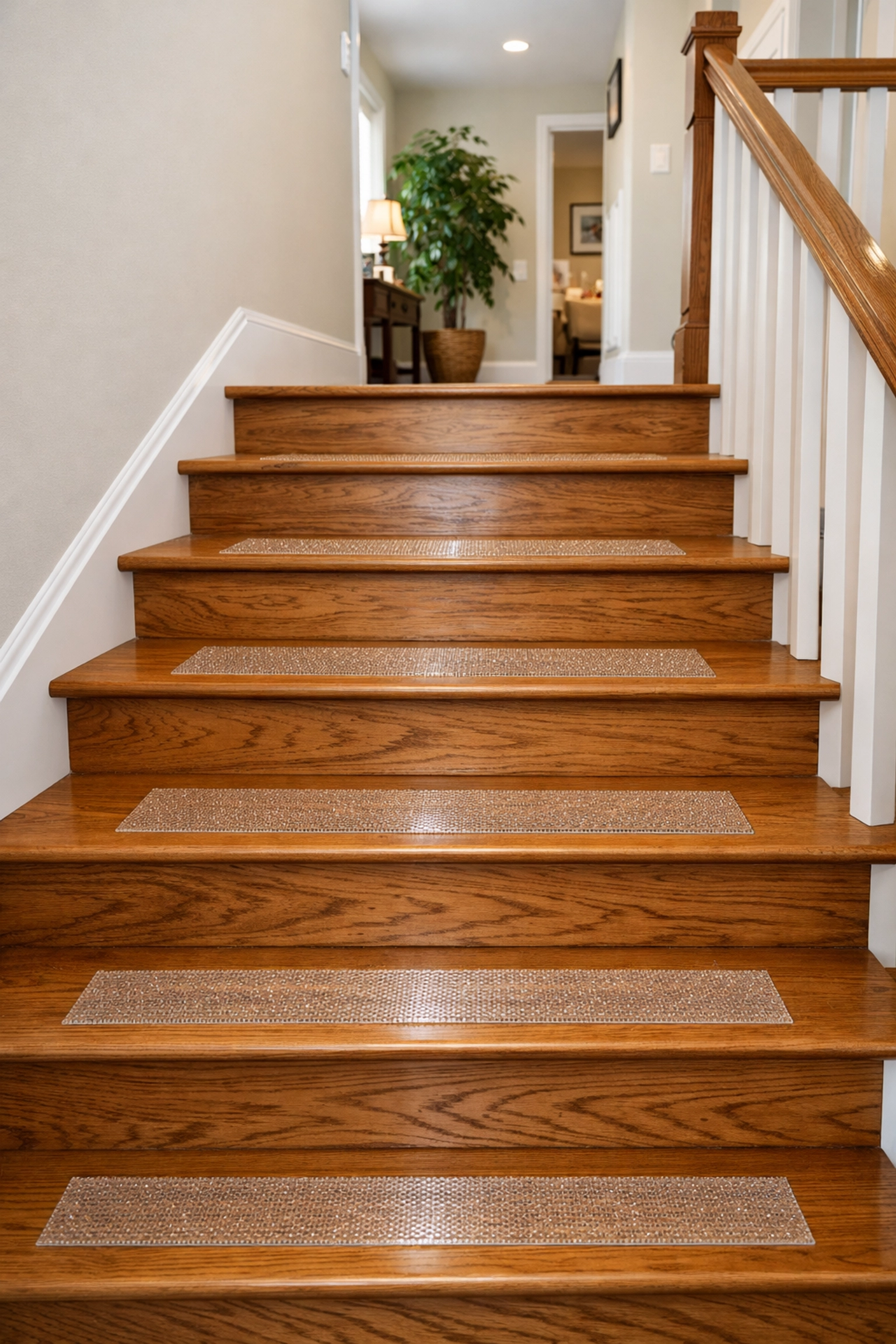 Hardwood staircase featuring transparent non-slip treads to increase traction and prevent slips.