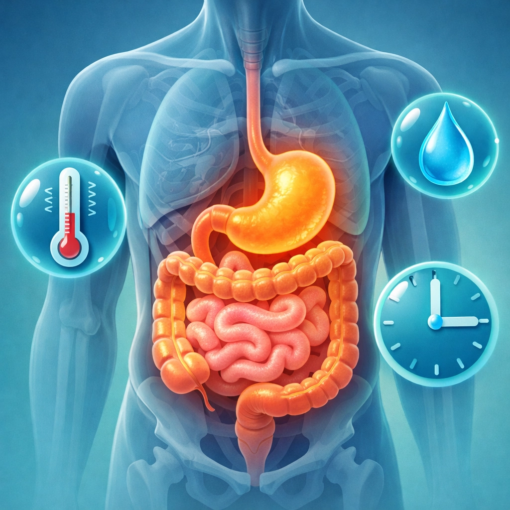 Digestive system illustration showing common nausea and vomiting symptom areas