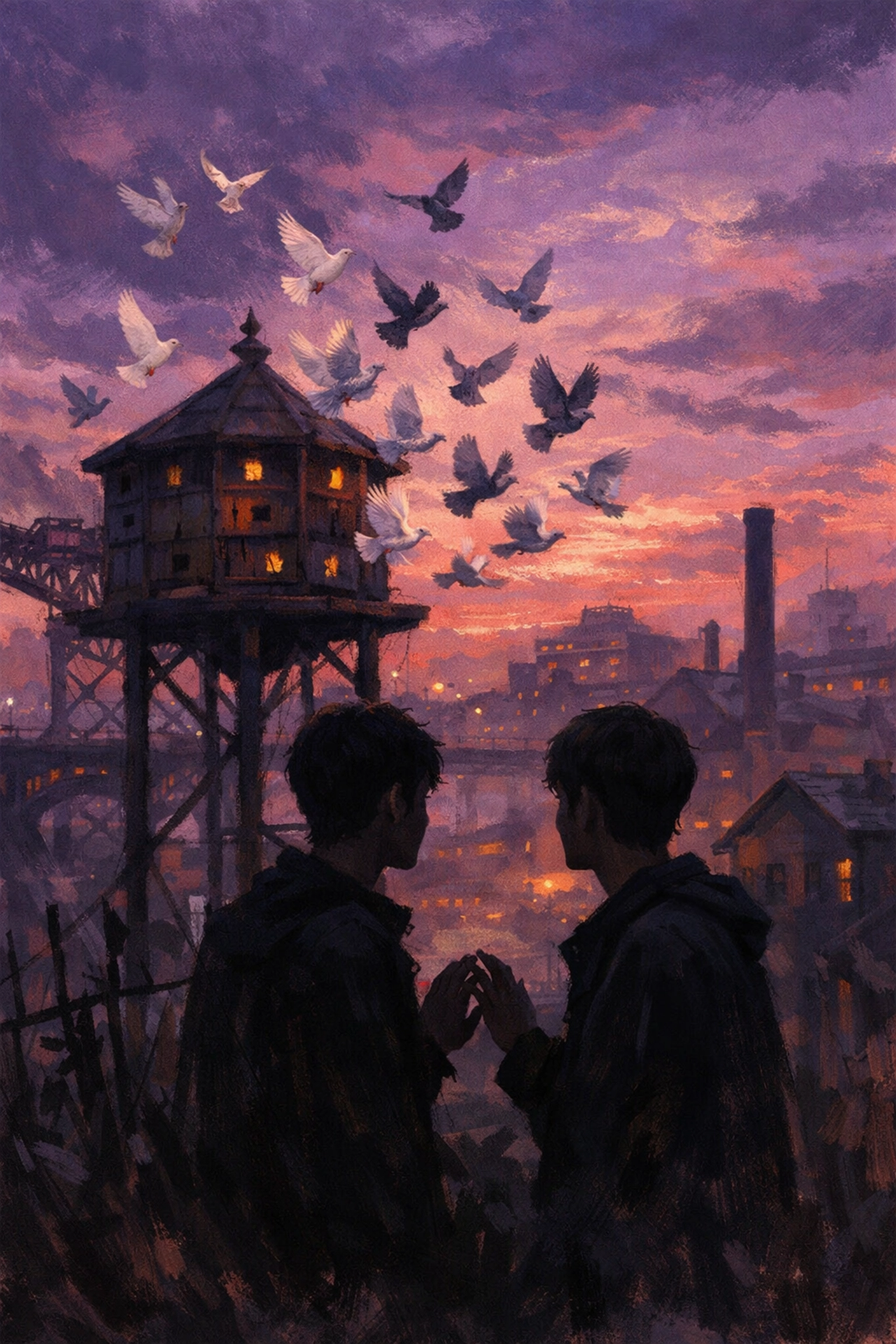 Two young men watching pigeons fly in Glasgow, symbolizing freedom in Young Mungo gay romance