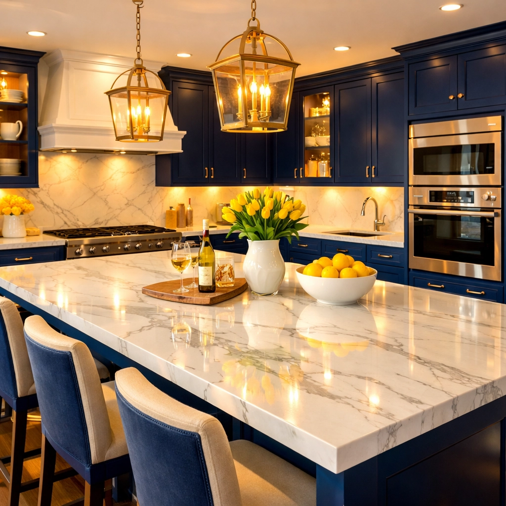 Spotless luxury house cleaning in Shrewsbury kitchen with white marble and professional detail.