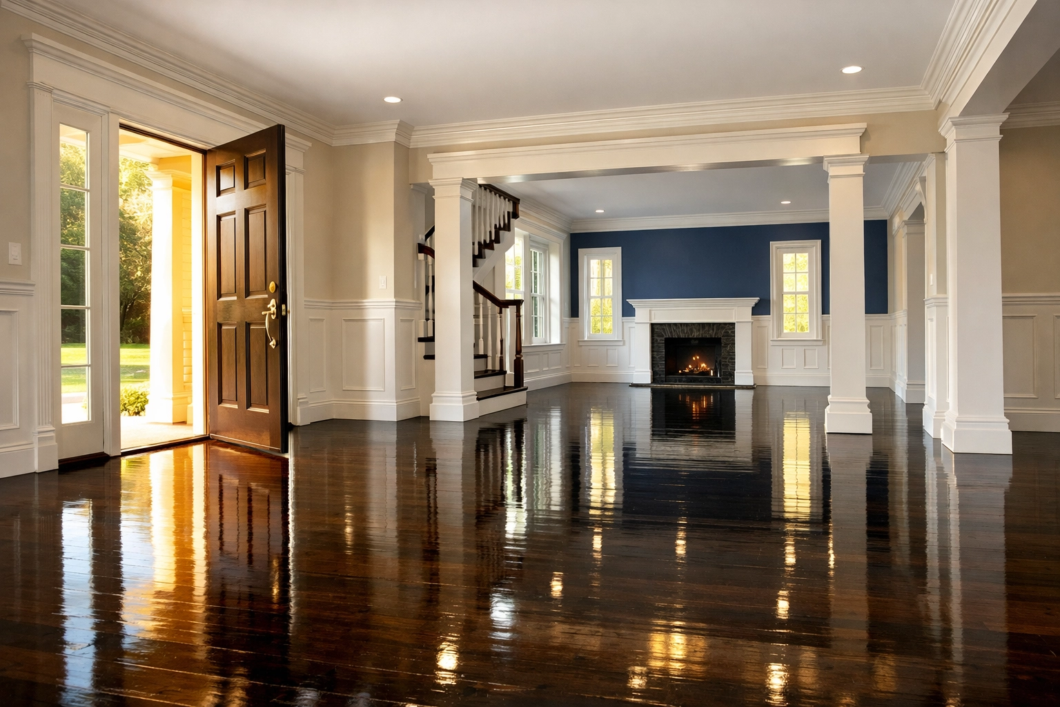 Gleaming hardwood floors in a sunlit Groton home after a move-in deep cleaning service.