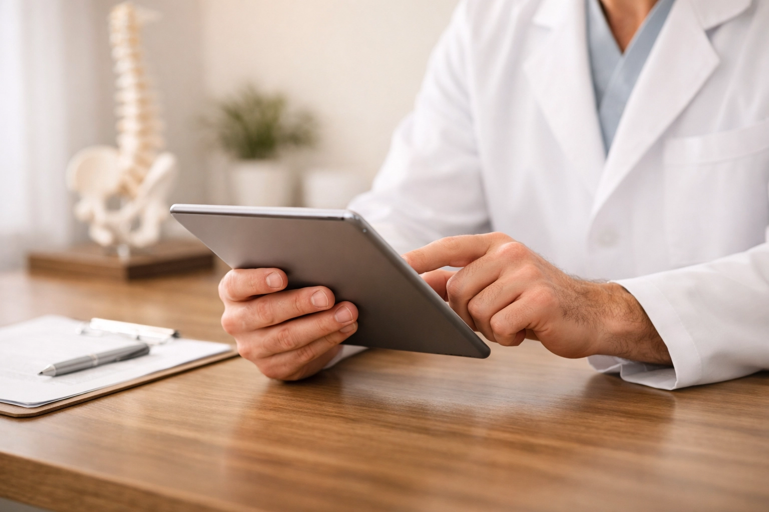 Chiropractor holding a tablet in a professional clinic setting to manage practice reputation and reviews.