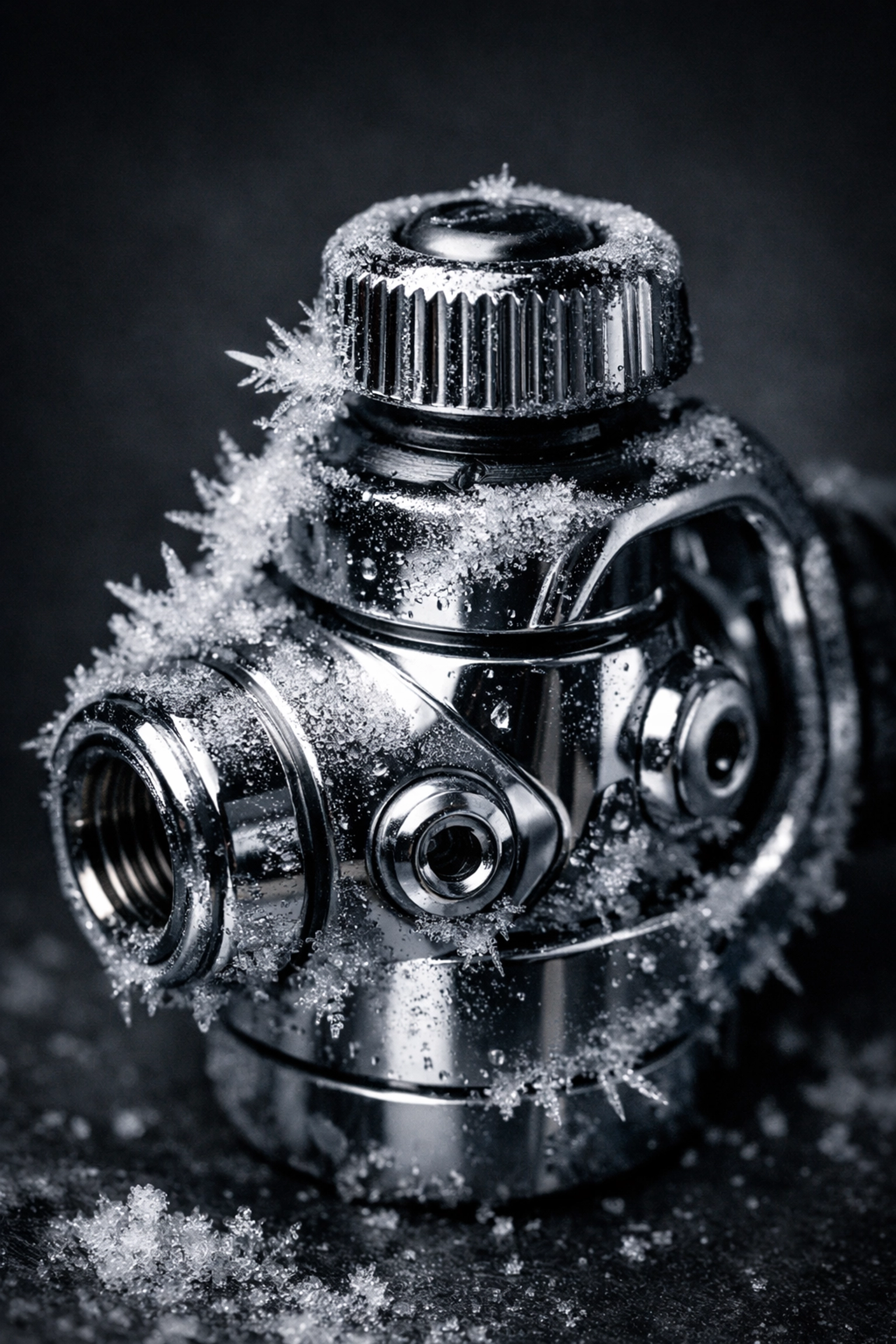 Vereister Kaltwasser-Atemregler mit Eiskristallen an der ersten Stufe zur Veranschaulichung von Vereisung.