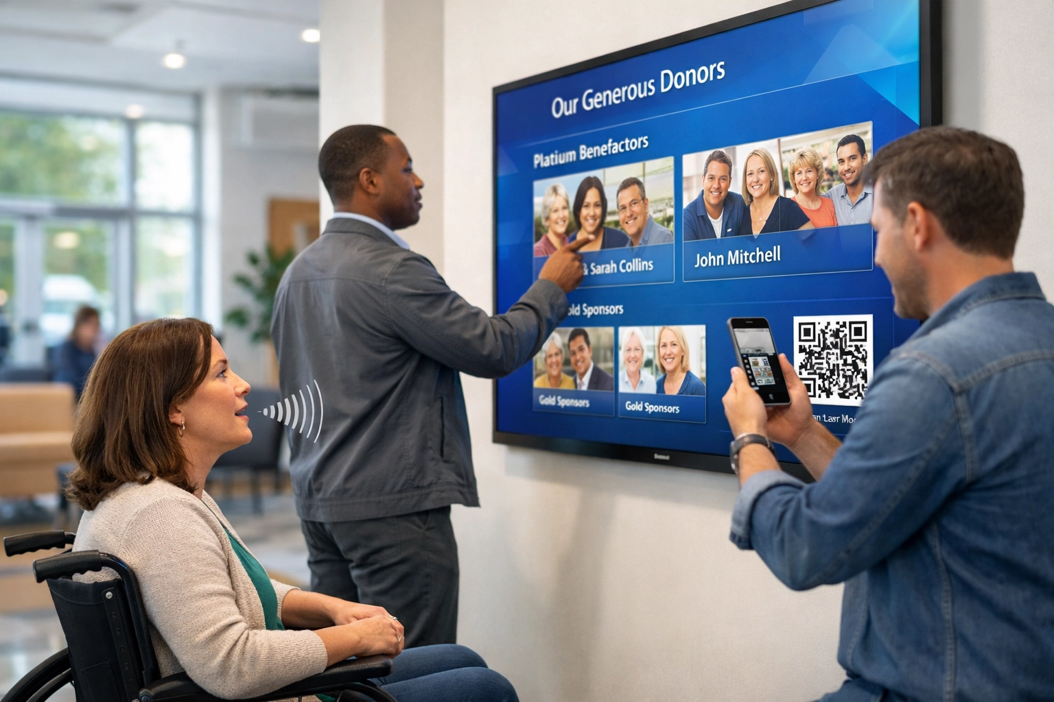 Visitors using touch, voice, and QR code to interact with multimodal donor recognition wall