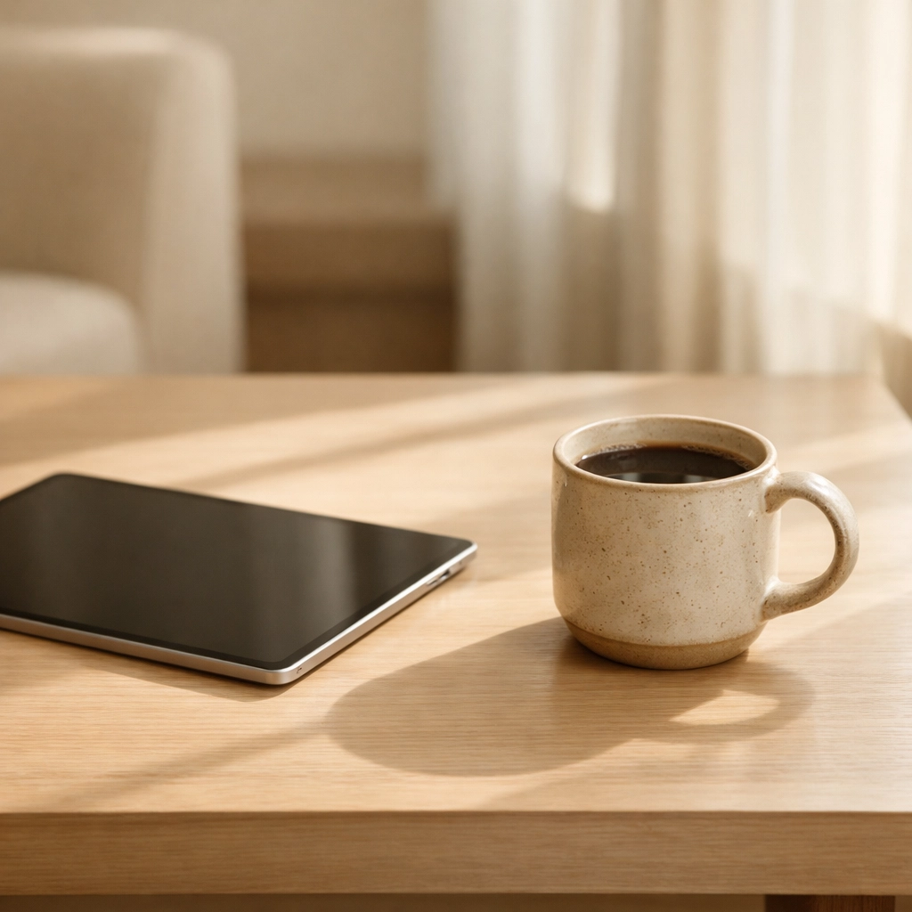 Minimalist lobby desk with a tablet for digital check-in and automated front desk management.