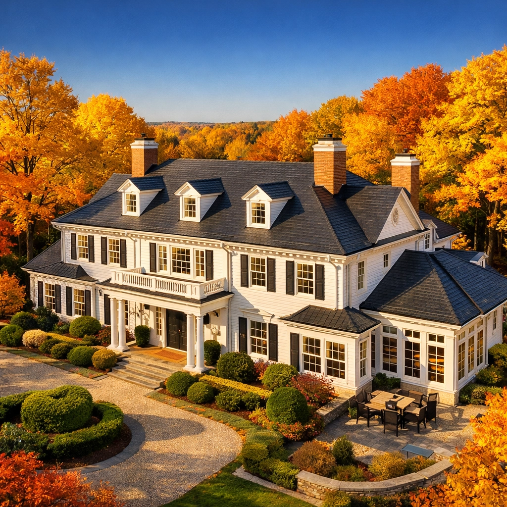 Luxury Groton estate with clean gutters and pristine roofing during autumn home maintenance season.