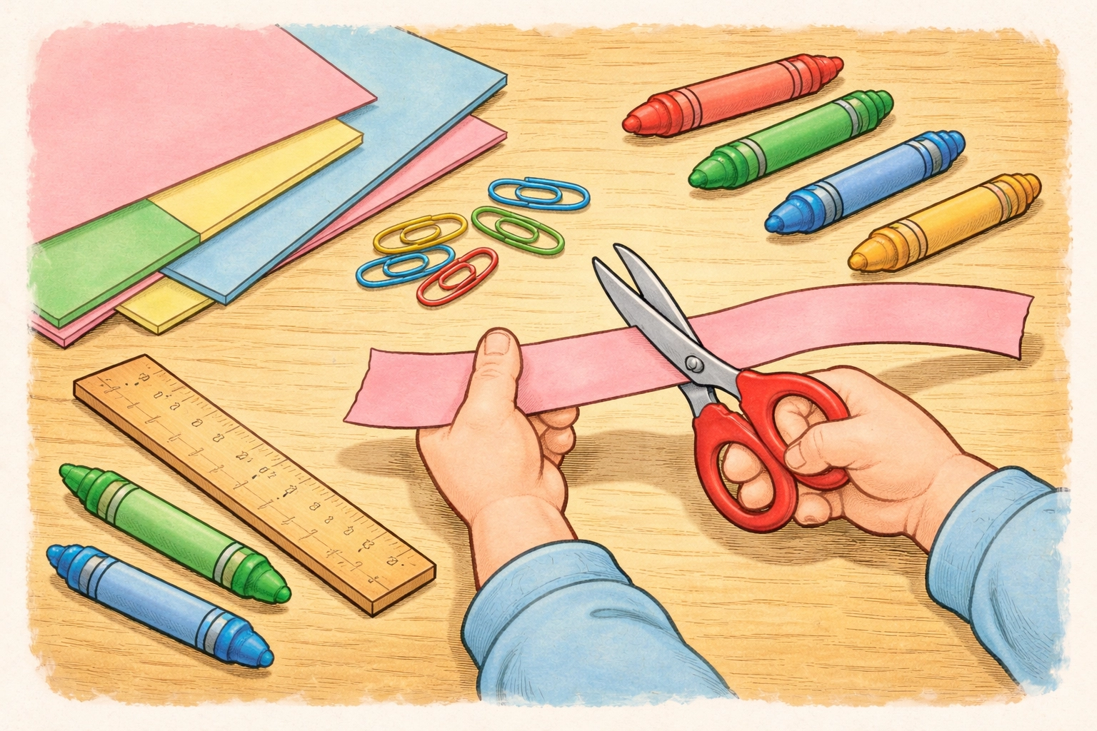 Hands with safety scissors cutting a strip of pastel paper for a DIY paper helicopter project, surrounded by craft supplies