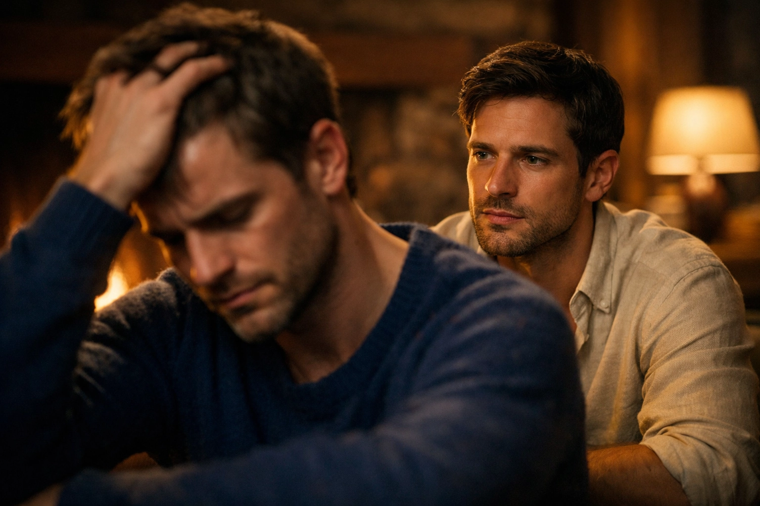 Emotional moment between two men realizing they're in love in gay romance story