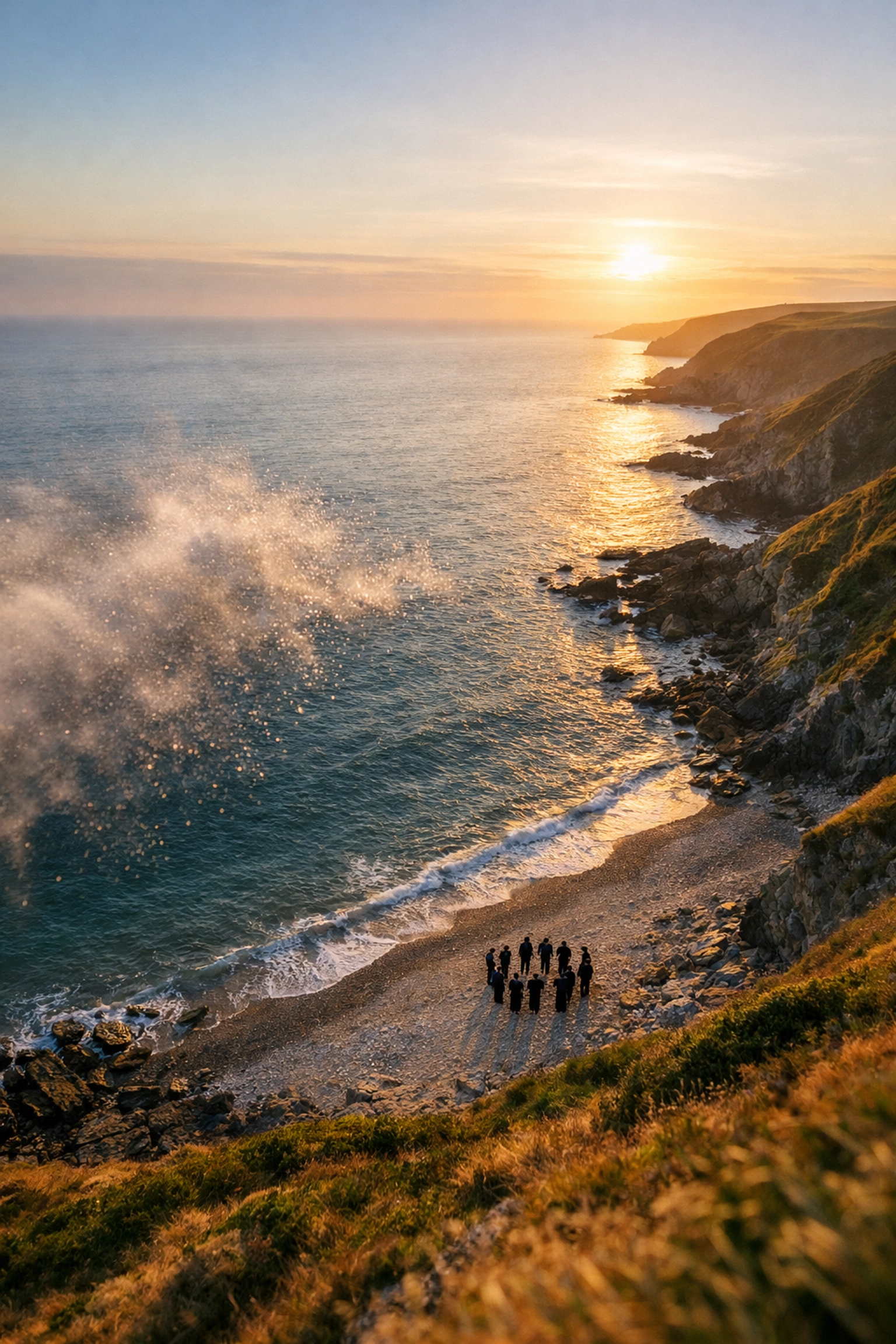 Aerial drone ash scattering ceremony over a serene coastline for a unique memorial service idea.