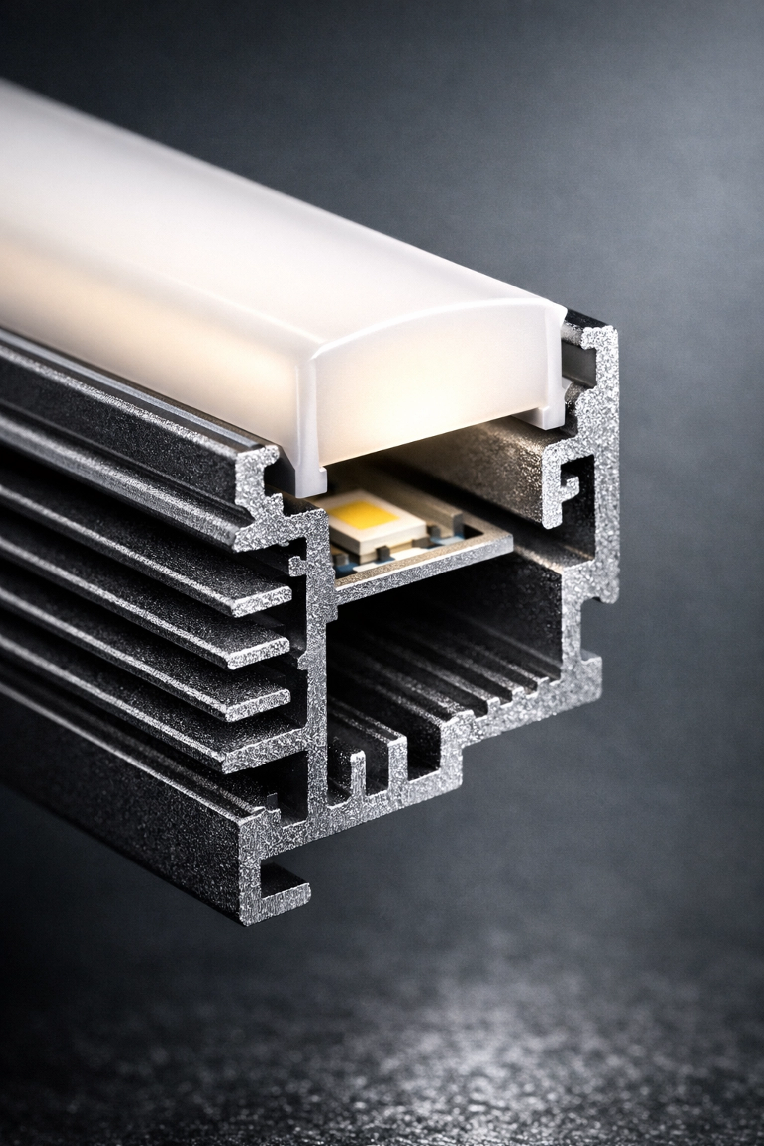 Anodized aluminum LED profile cross-section showing cooling fins and a milky diffuser for heat dissipation.