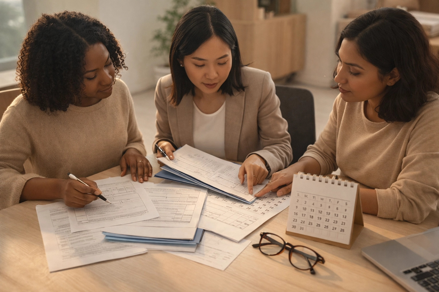 Tax forms and calendar on desk for S corp year-end compliance and annual filings